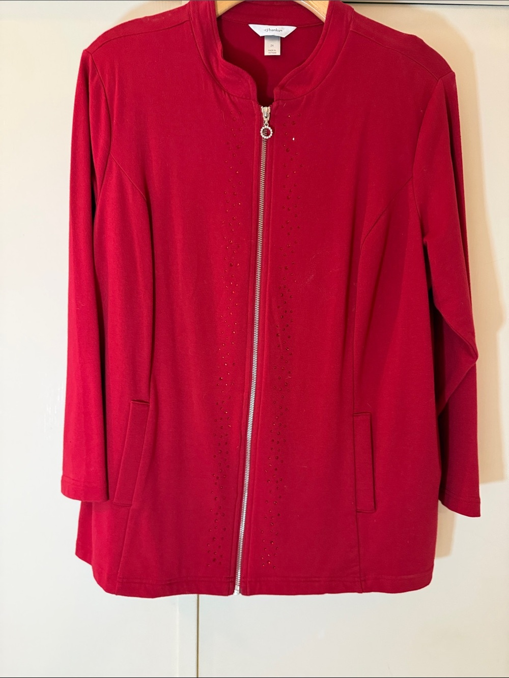 CJ Banks Bright Red Zip-Up Jacket with Subtle Embellishment